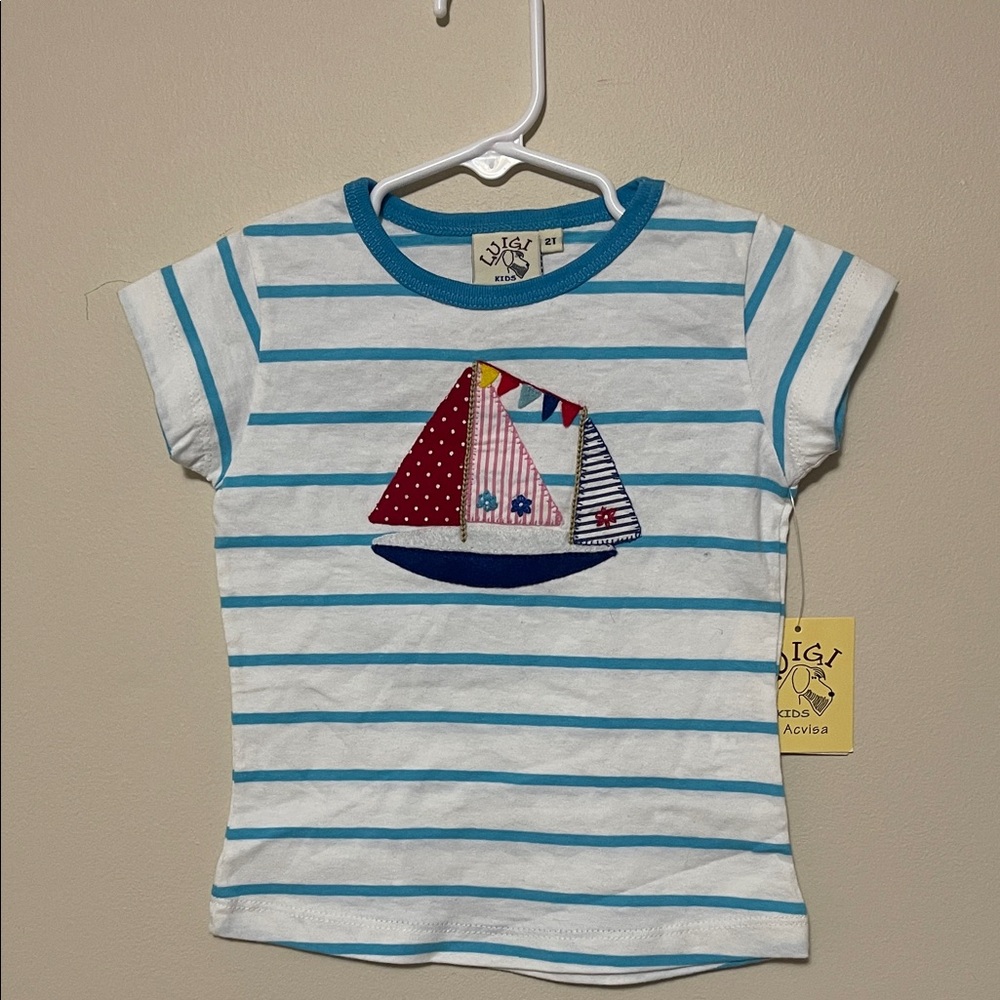 NWT- Luigi Kids - Boutique Striped Kids Shirt with colorful Sailboat - 2T